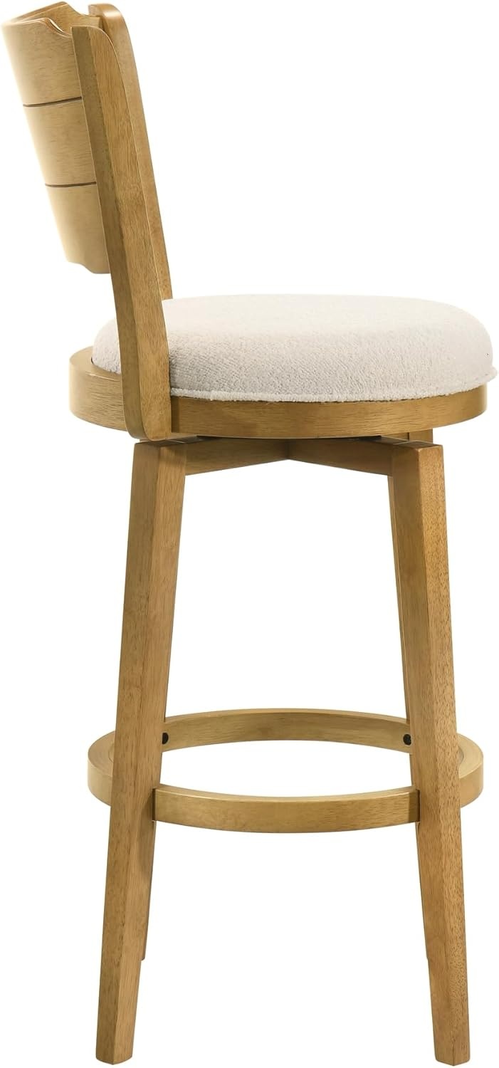 image:imageWinsley Coastal Modern Swivel Wood Bar Height Kitchen Bar Stool in Amber Glow Finish with White Boucle Fabric Upholstered Seat Set of 3