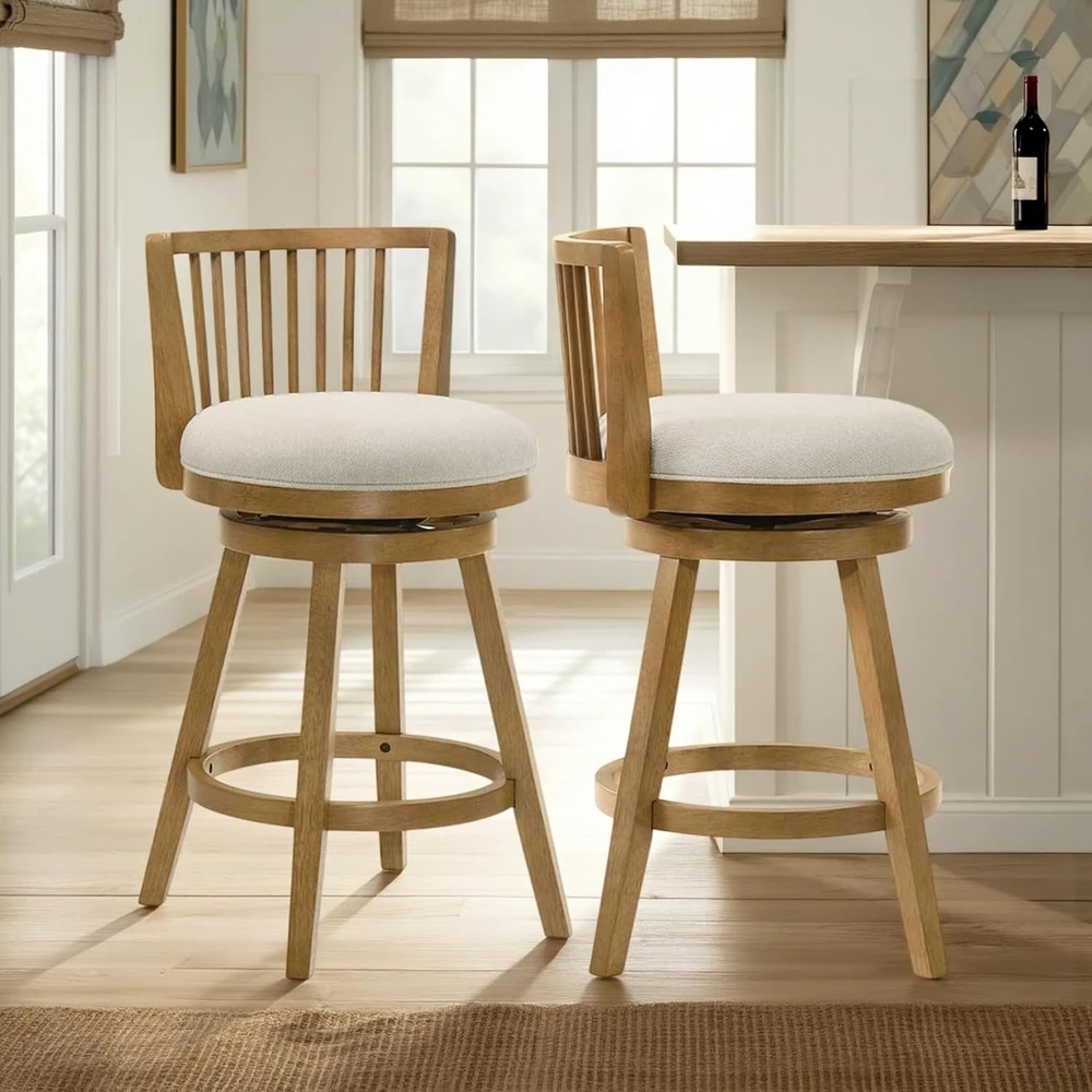 image:imageArmen Living Harper 30 in Amber Glow Bar Height Rubberwood Swivel Barstool with Ivory Fabric Seat  Set of 2