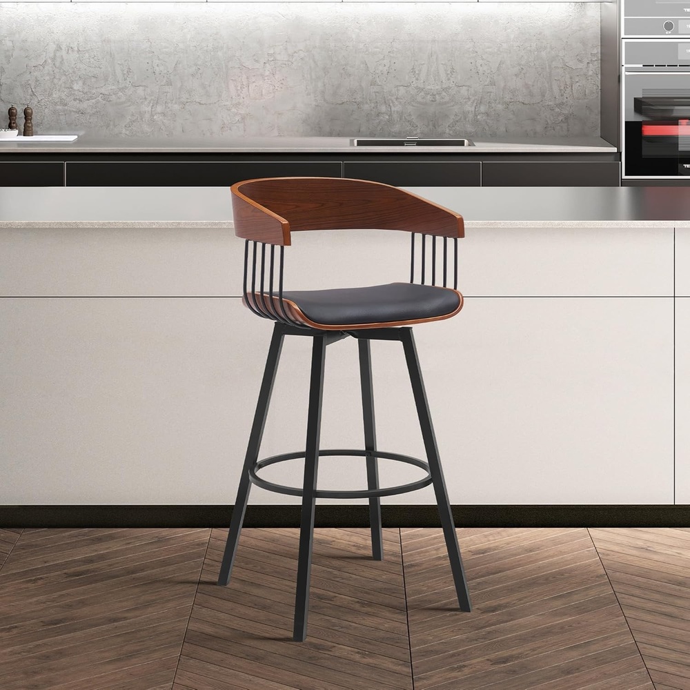 image:imageAthena 31 Swivel Walnut Wood Bar Stool in Cream Faux Leather with Black Metal Set of 3Black