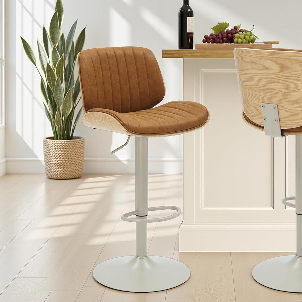 image:imageBrock Adjustable Swivel Vintage Green Curved Back Wood Bar Stool with Faux Leather SeatCamelOak