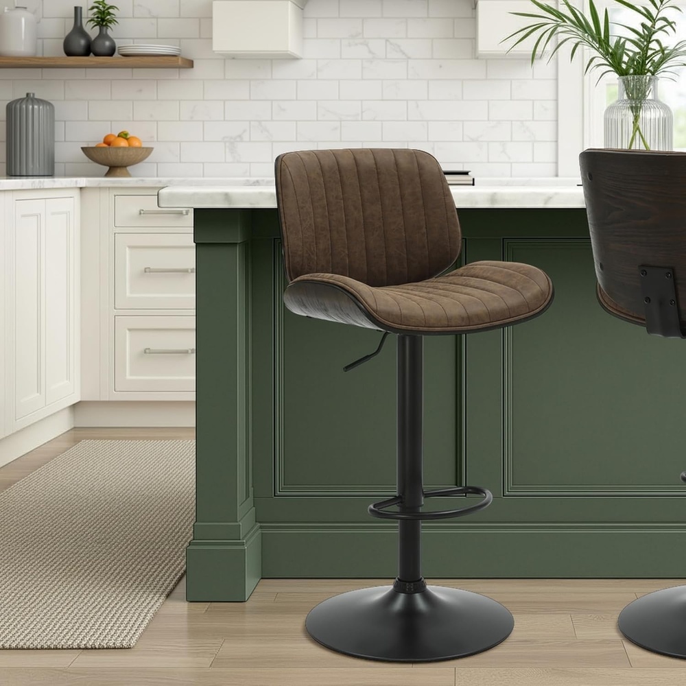 image:imageBrock Adjustable Swivel Vintage Green Curved Back Wood Bar Stool with Faux Leather SeatVintage Dark BrownEspresso