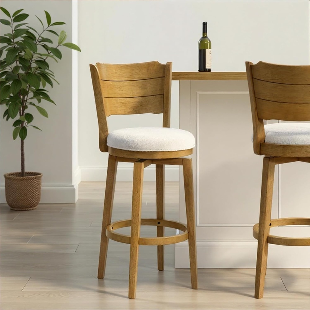 image:imageWinsley Coastal Modern Swivel Wood Bar Height Kitchen Bar Stool in Amber Glow Finish with White Boucle Fabric Upholstered Seat Set of 3
