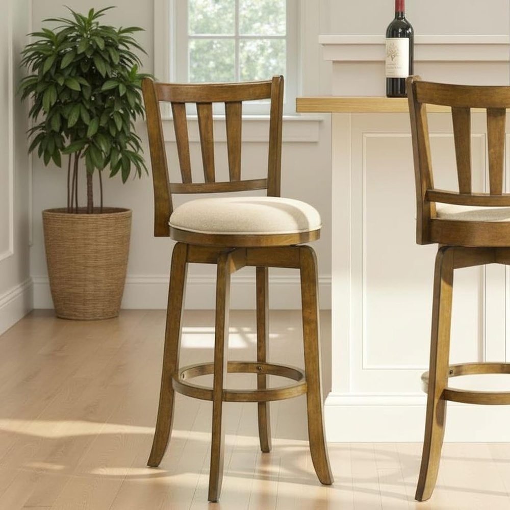 image:imageWren Modern Farmhouse Swivel Wood Bar Height Kitchen Bar Stool in Sepia Brown Finish with Light Scone Fabric Upholstered SeatGraySepia Brown