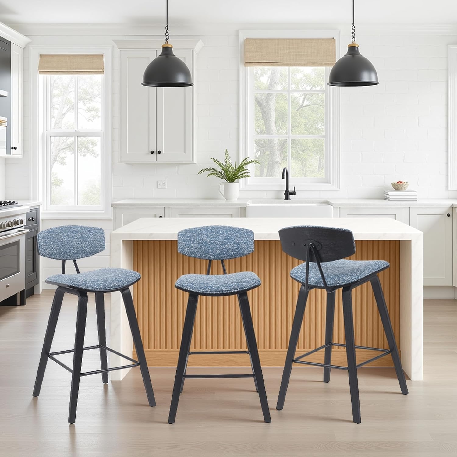 image:imageFox Modern Counter Height Bar Stool with Speckled Blue Upholstered Seat and Black Brushed Wood Frame Set of 2Blue FabricBlack