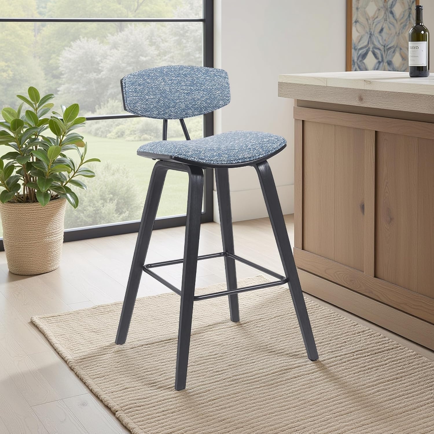 image:imageFox Modern Counter Height Bar Stool with Speckled Blue Upholstered Seat and Black Brushed Wood Frame Set of 2Blue FabricBlack
