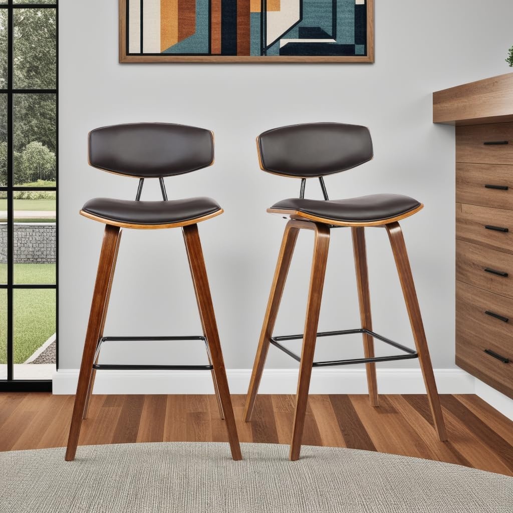 image:imageFox Modern Counter Height Bar Stool with Speckled Blue Upholstered Seat and Black Brushed Wood Frame Set of 2Brown Faux LeatherWalnut