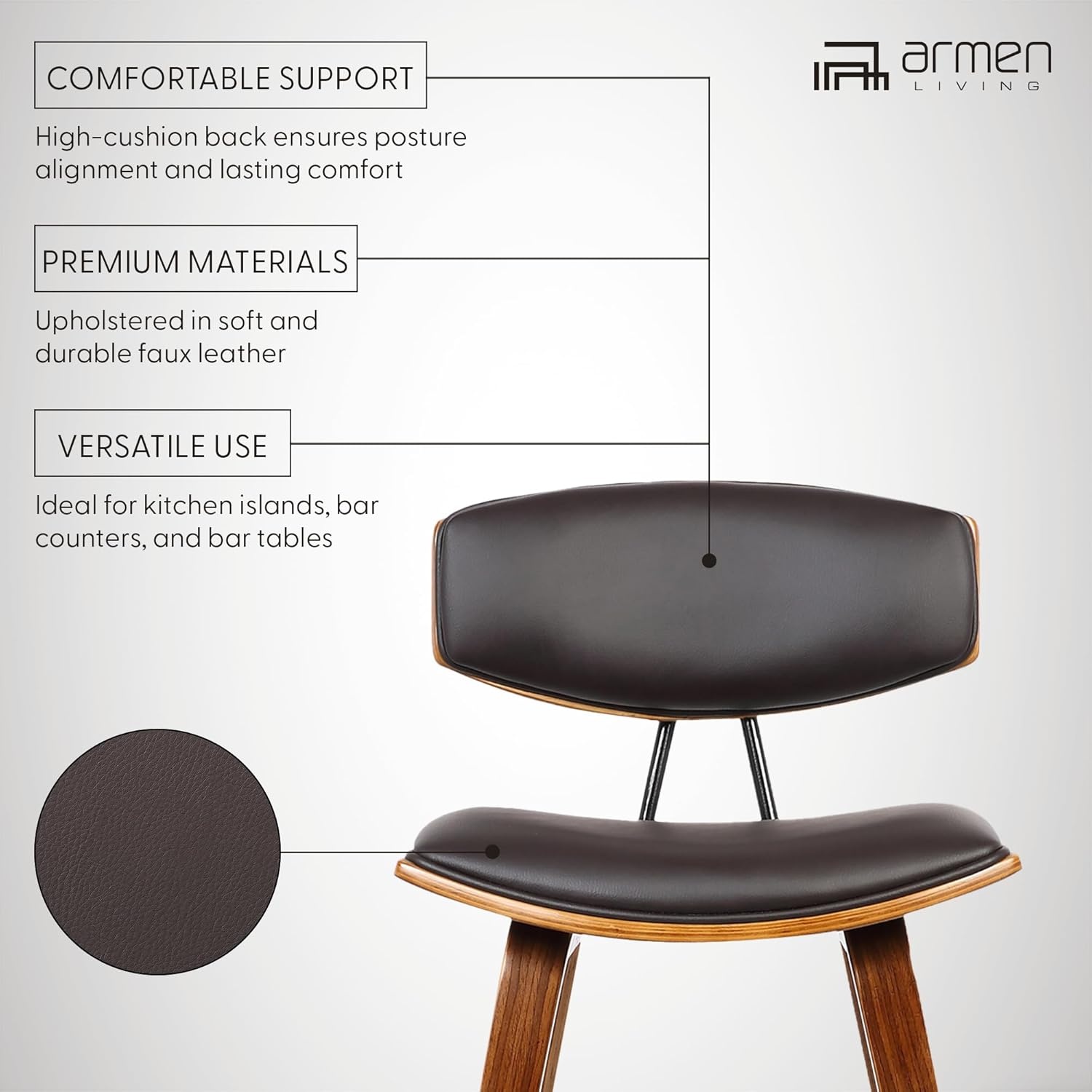 image:imageFox Modern Counter Height Bar Stool with Speckled Blue Upholstered Seat and Black Brushed Wood Frame Set of 2Brown Faux LeatherWalnut