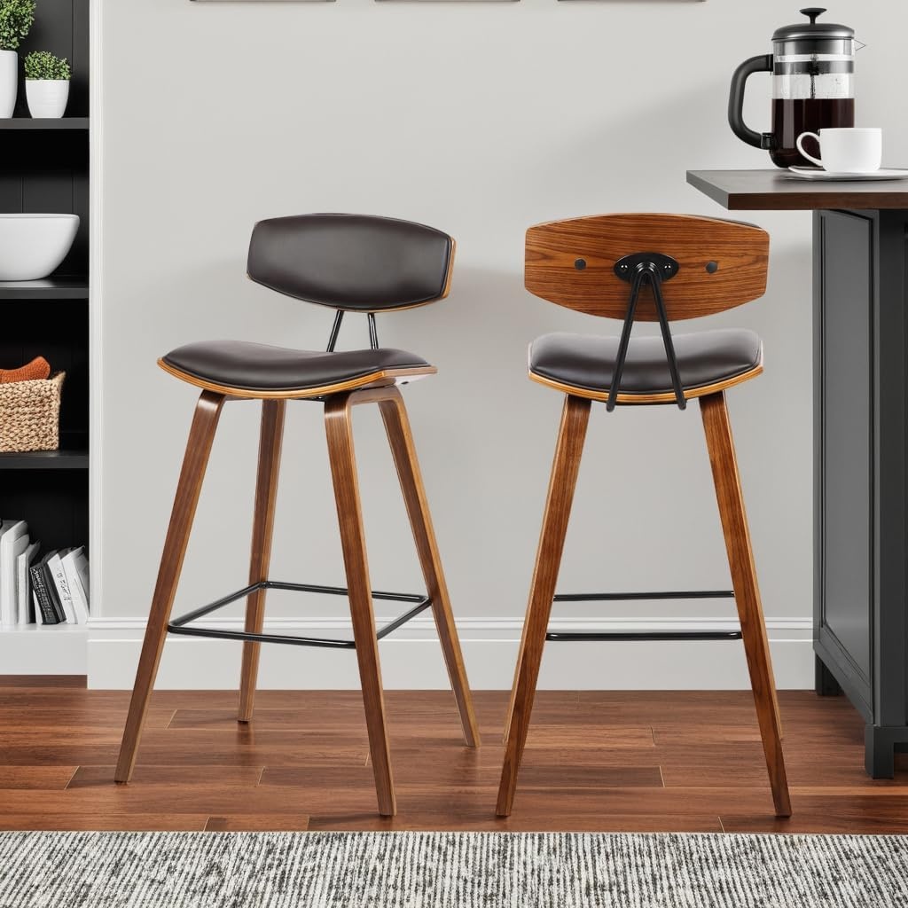 image:imageFox Modern Counter Height Bar Stool with Speckled Blue Upholstered Seat and Black Brushed Wood Frame Set of 2Brown Faux LeatherWalnut
