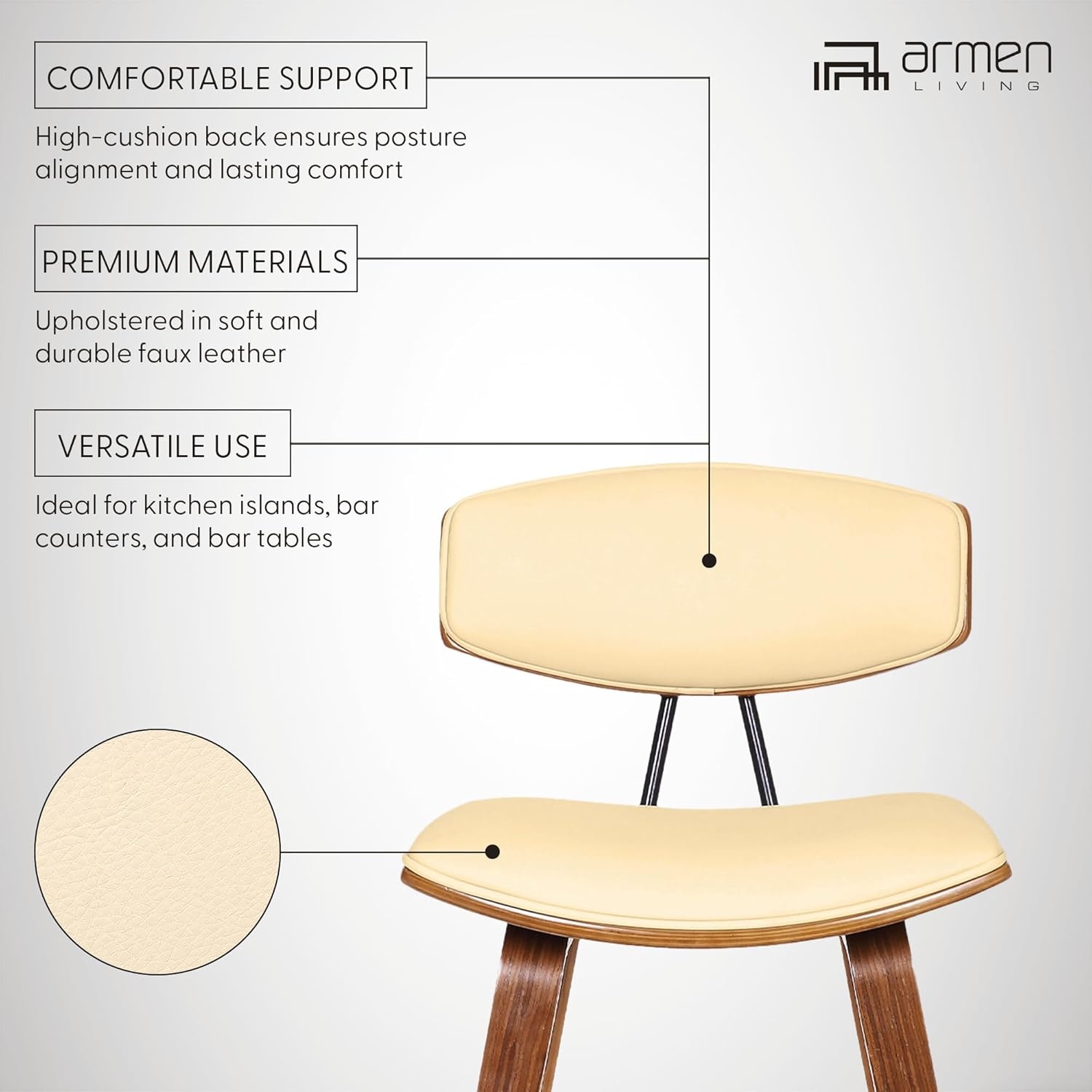 image:imageFox Modern Counter Height Bar Stool with Speckled Blue Upholstered Seat and Black Brushed Wood Frame Set of 2Cream Faux LeatherWalnut