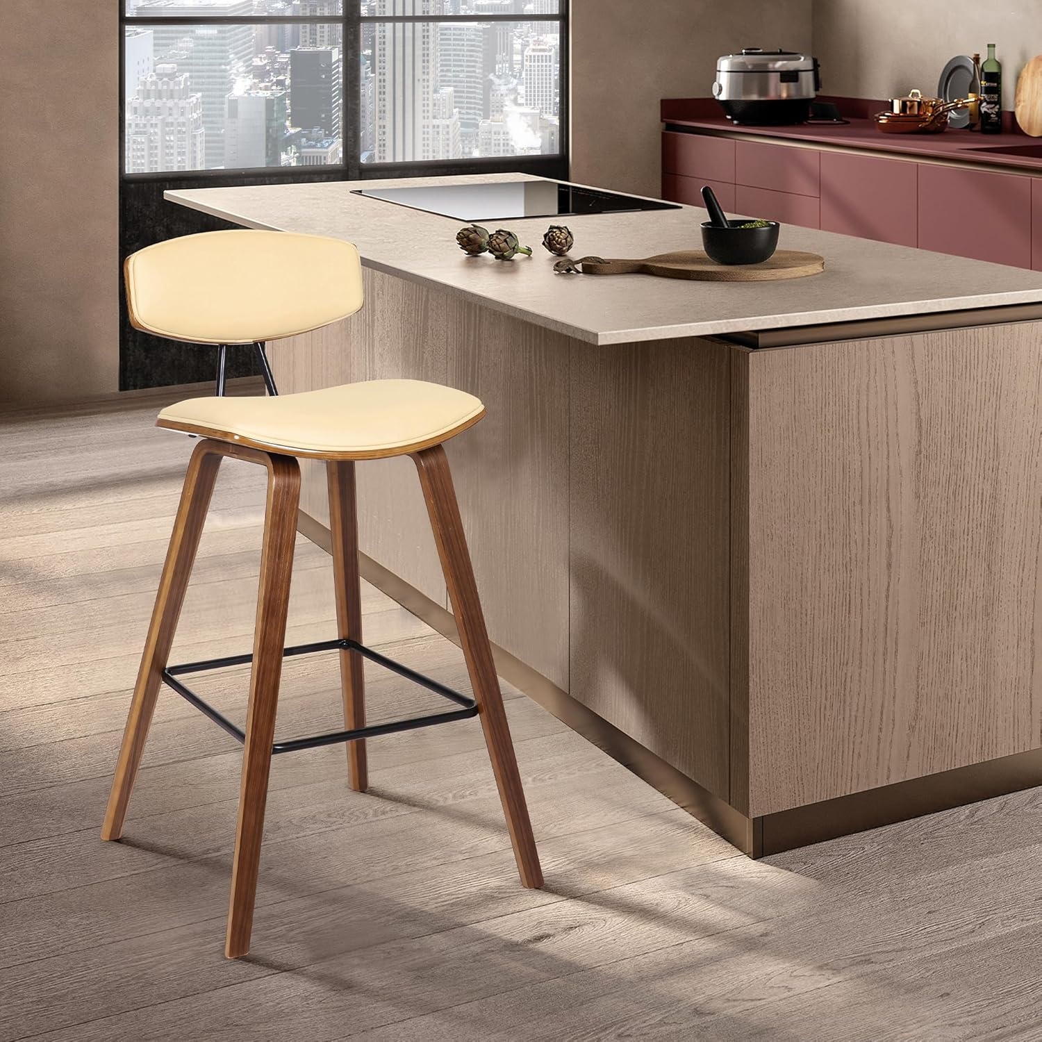 image:imageFox Modern Counter Height Bar Stool with Speckled Blue Upholstered Seat and Black Brushed Wood Frame Set of 2Cream Faux LeatherWalnut