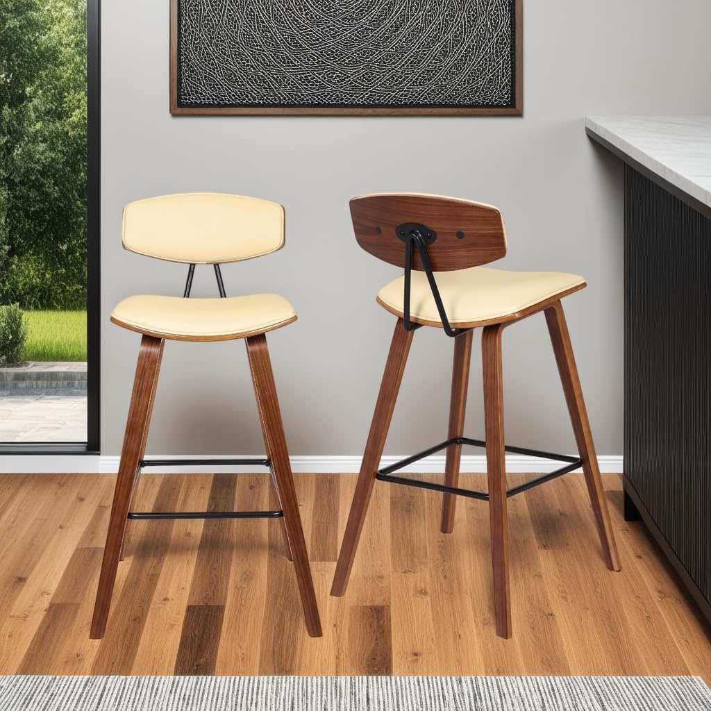 image:imageFox Modern Counter Height Bar Stool with Speckled Blue Upholstered Seat and Black Brushed Wood Frame Set of 2Cream Faux LeatherWalnut