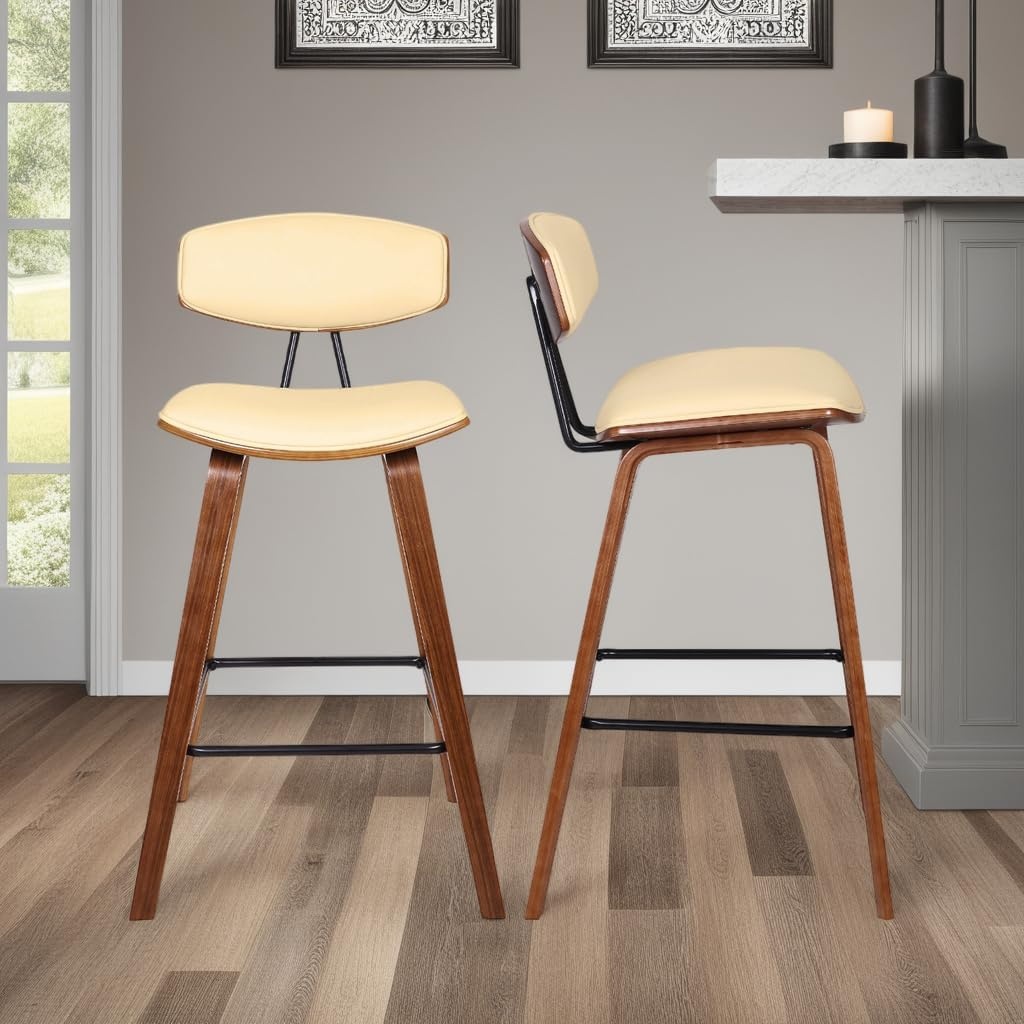 image:imageFox Modern Counter Height Bar Stool with Speckled Blue Upholstered Seat and Black Brushed Wood Frame Set of 2Cream Faux LeatherWalnut