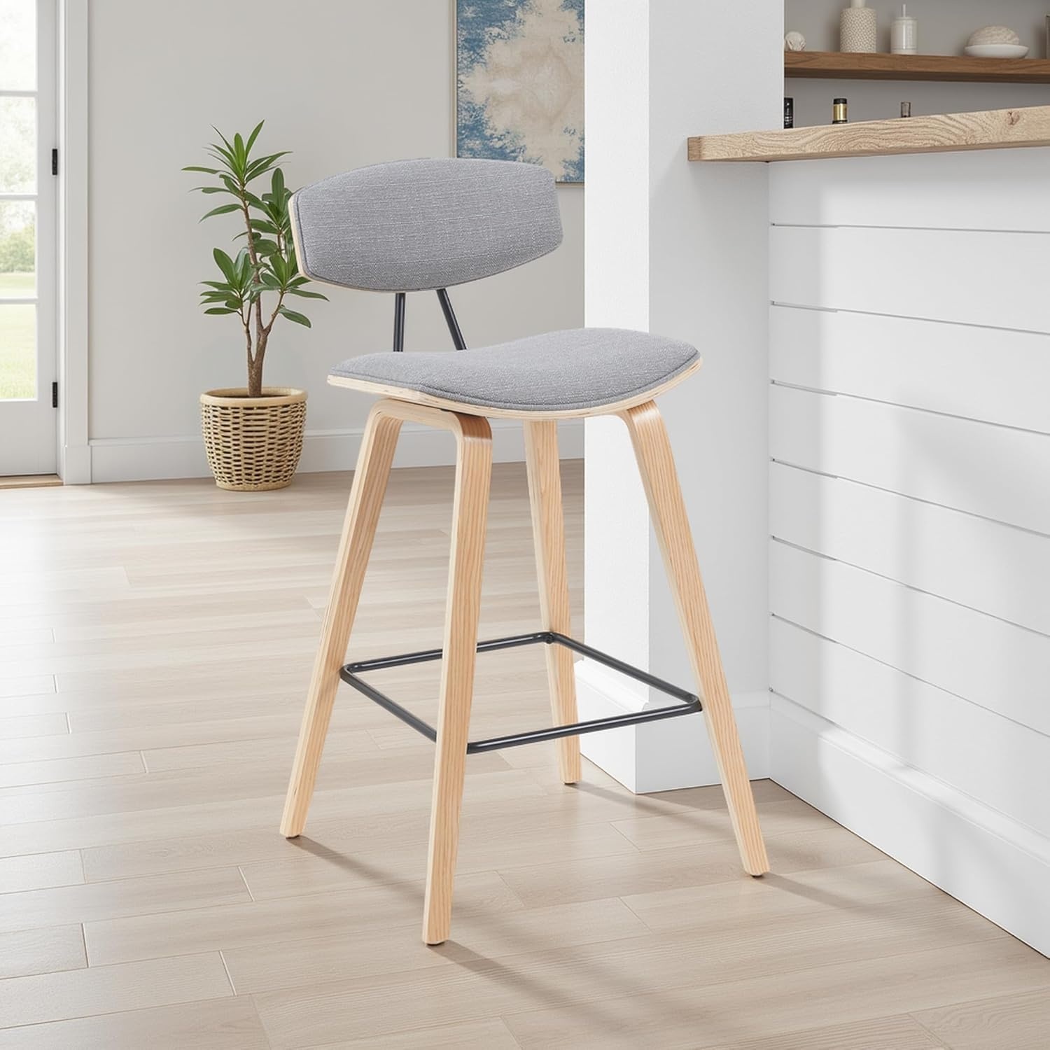 image:imageFox Modern Counter Height Bar Stool with Speckled Blue Upholstered Seat and Black Brushed Wood Frame Set of 2Gray FabricOak