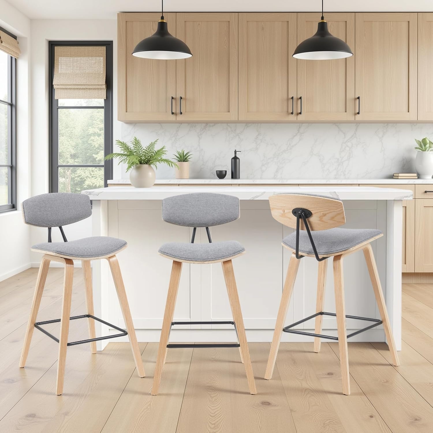 image:imageFox Modern Counter Height Bar Stool with Speckled Blue Upholstered Seat and Black Brushed Wood Frame Set of 2Gray FabricOak