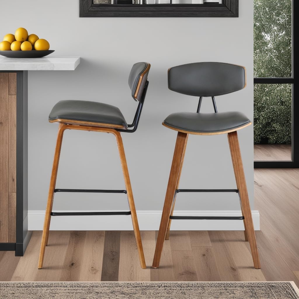 image:imageFox Modern Counter Height Bar Stool with Speckled Blue Upholstered Seat and Black Brushed Wood Frame Set of 2Gray Faux LeatherWalnut