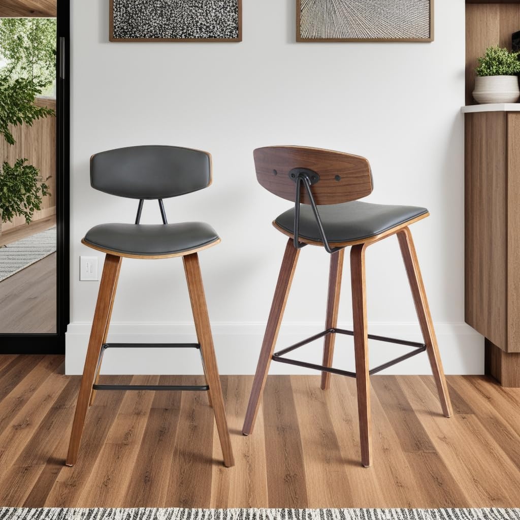 image:imageFox Modern Counter Height Bar Stool with Speckled Blue Upholstered Seat and Black Brushed Wood Frame Set of 2Gray Faux LeatherWalnut
