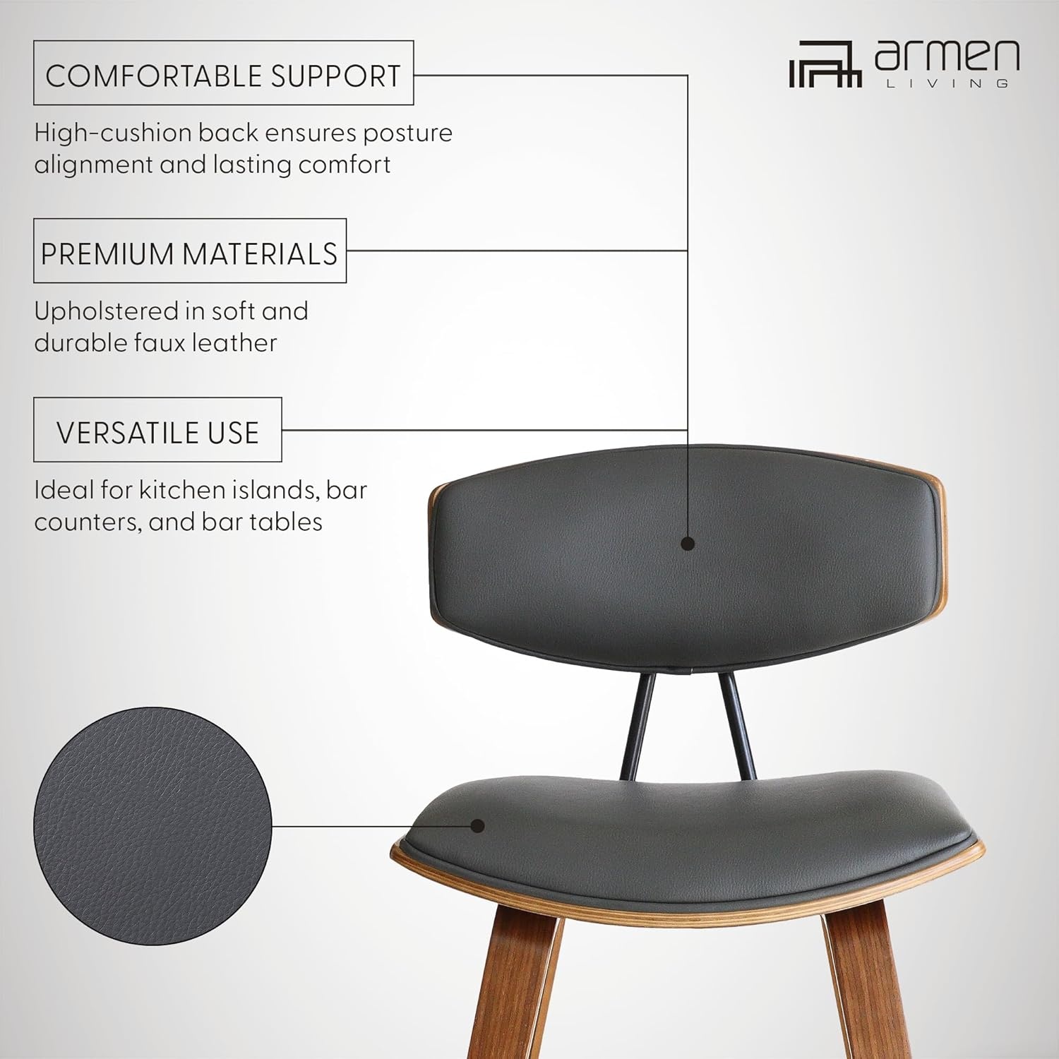 image:imageFox Modern Counter Height Bar Stool with Speckled Blue Upholstered Seat and Black Brushed Wood Frame Set of 2Gray Faux LeatherWalnut