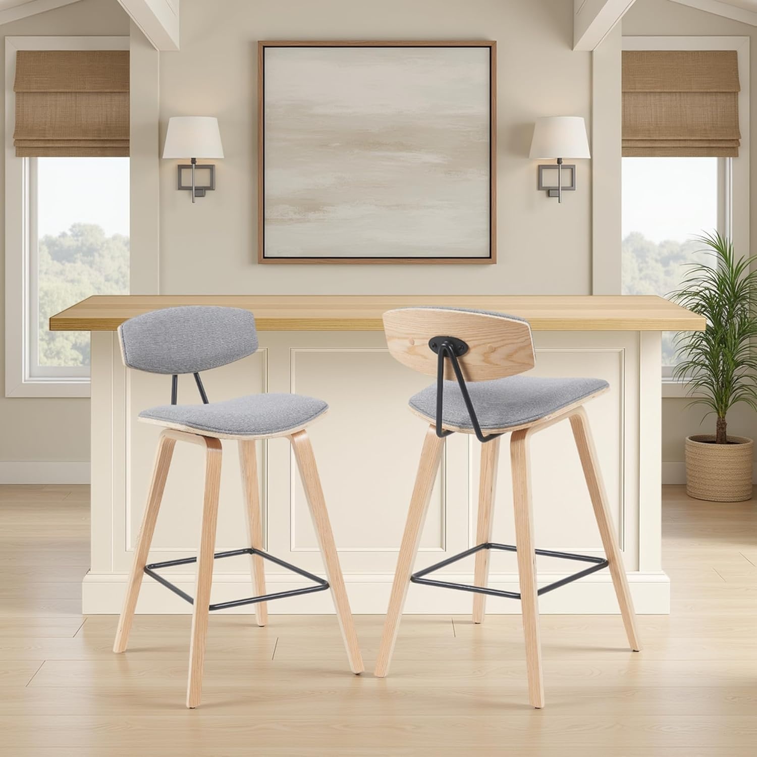 image:imageFox Modern Counter Height Bar Stool with Speckled Blue Upholstered Seat and Black Brushed Wood Frame Set of 2Grey FabricOak