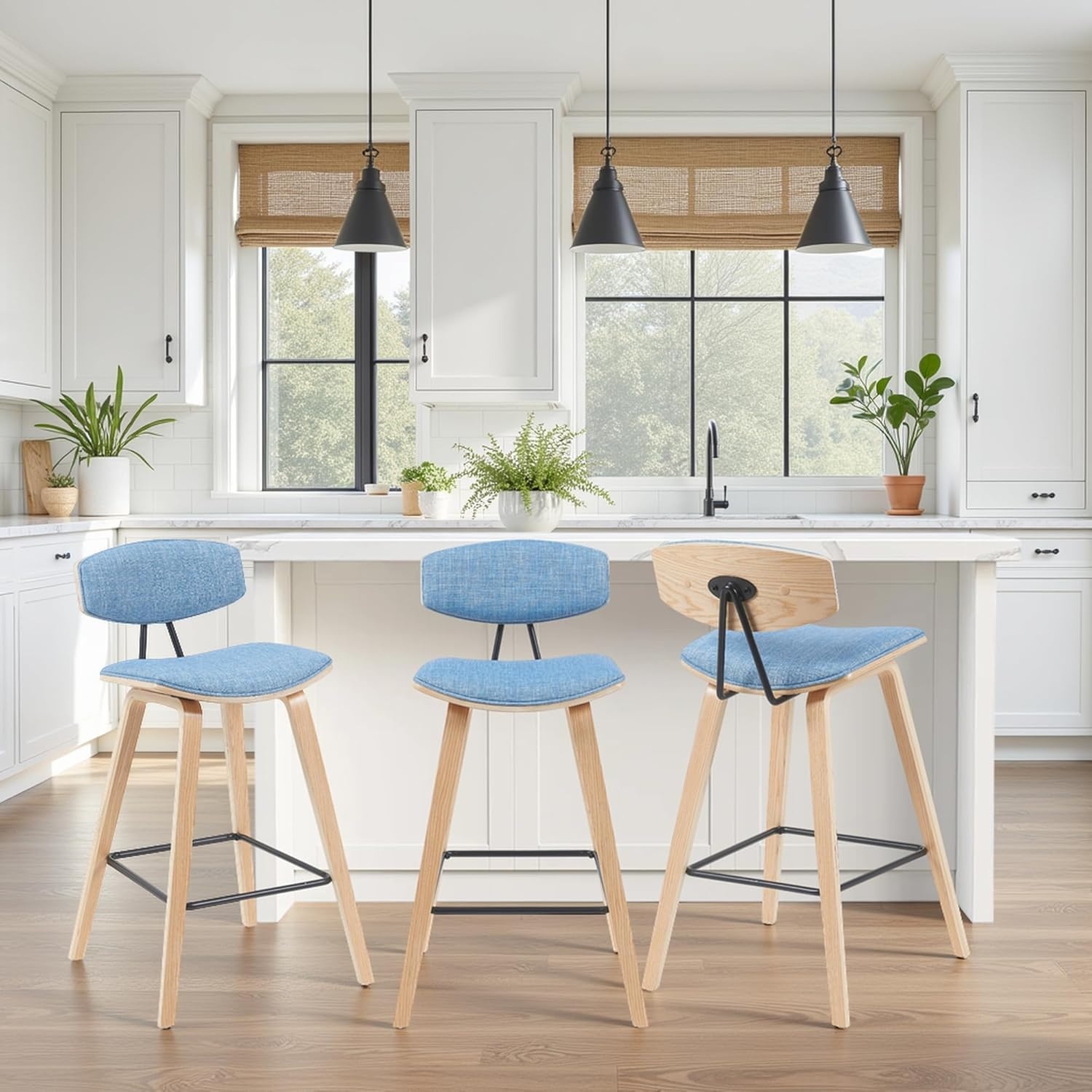 image:imageFox Modern Counter Height Bar Stool with Speckled Blue Upholstered Seat and Black Brushed Wood Frame Set of 2Light Blue FabricOak