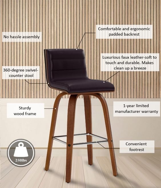 image:imageVienna 26 Swivel Counter Stool in Walnut Wood Finish with Brown Faux Leather Set of 2Brown Faux LeatherWalnut