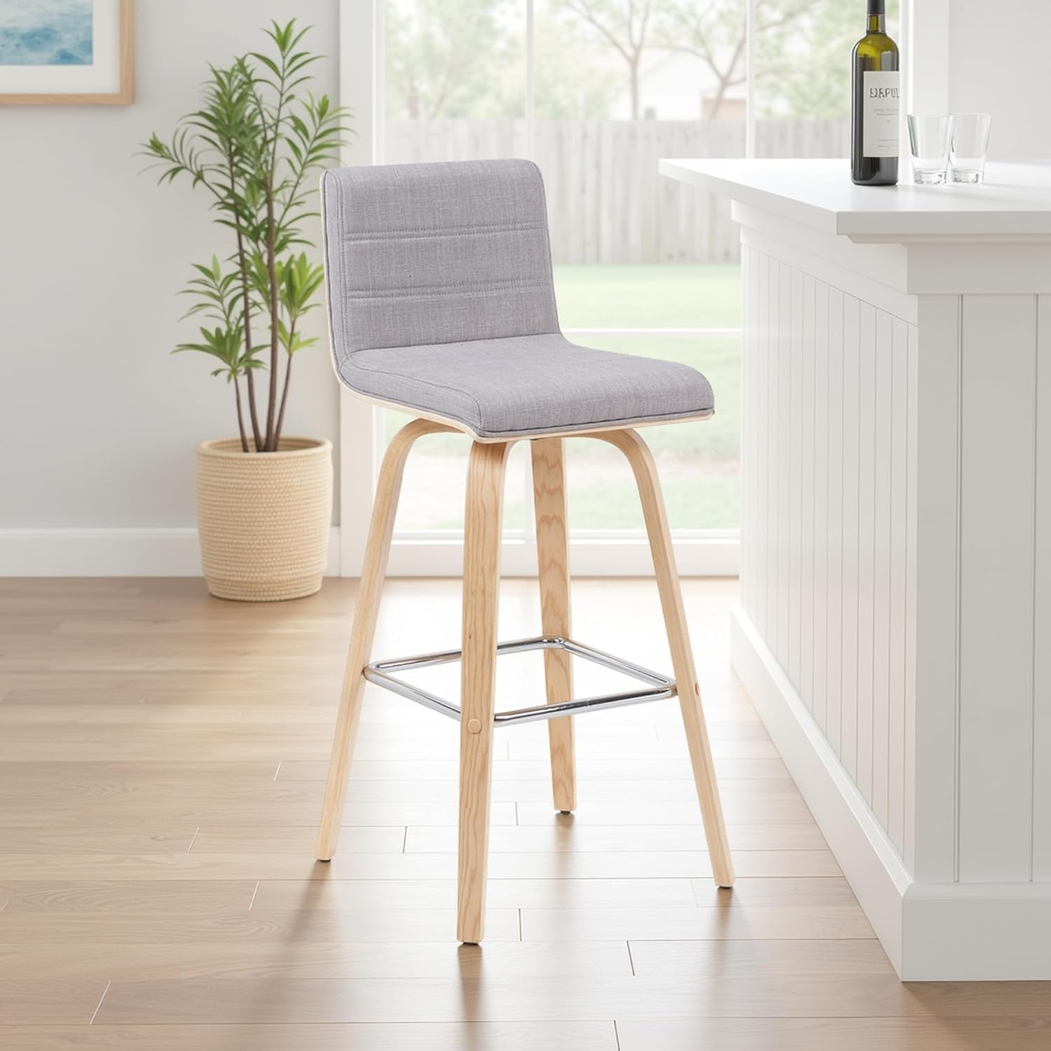 image:imageVienna 26 Swivel Counter Stool in Walnut Wood Finish with Brown Faux Leather Set of 2Gray FabricOak