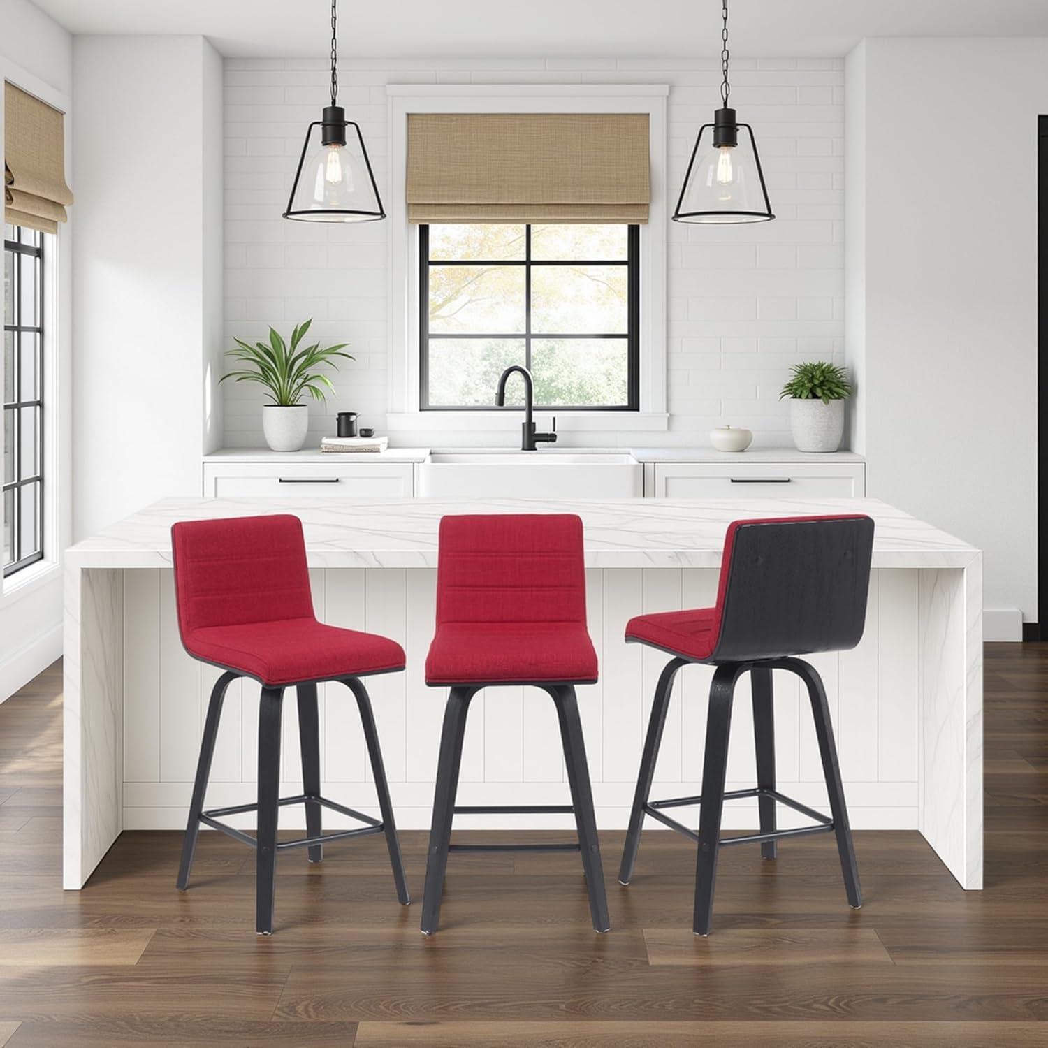 image:imageVienna 26 Swivel Counter Stool in Walnut Wood Finish with Brown Faux Leather Set of 2Red FabricBlack