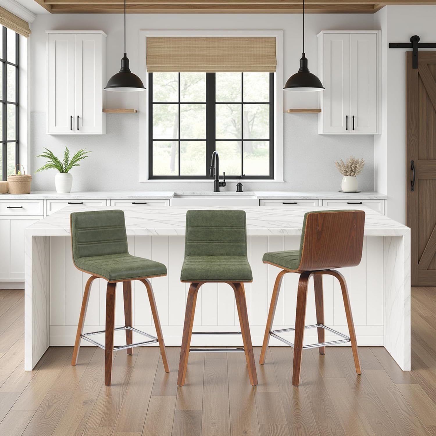 image:imageVienna 26 Swivel Counter Stool in Walnut Wood Finish with Brown Faux Leather Set of 2Vintage Green Faux LeatherWalnut