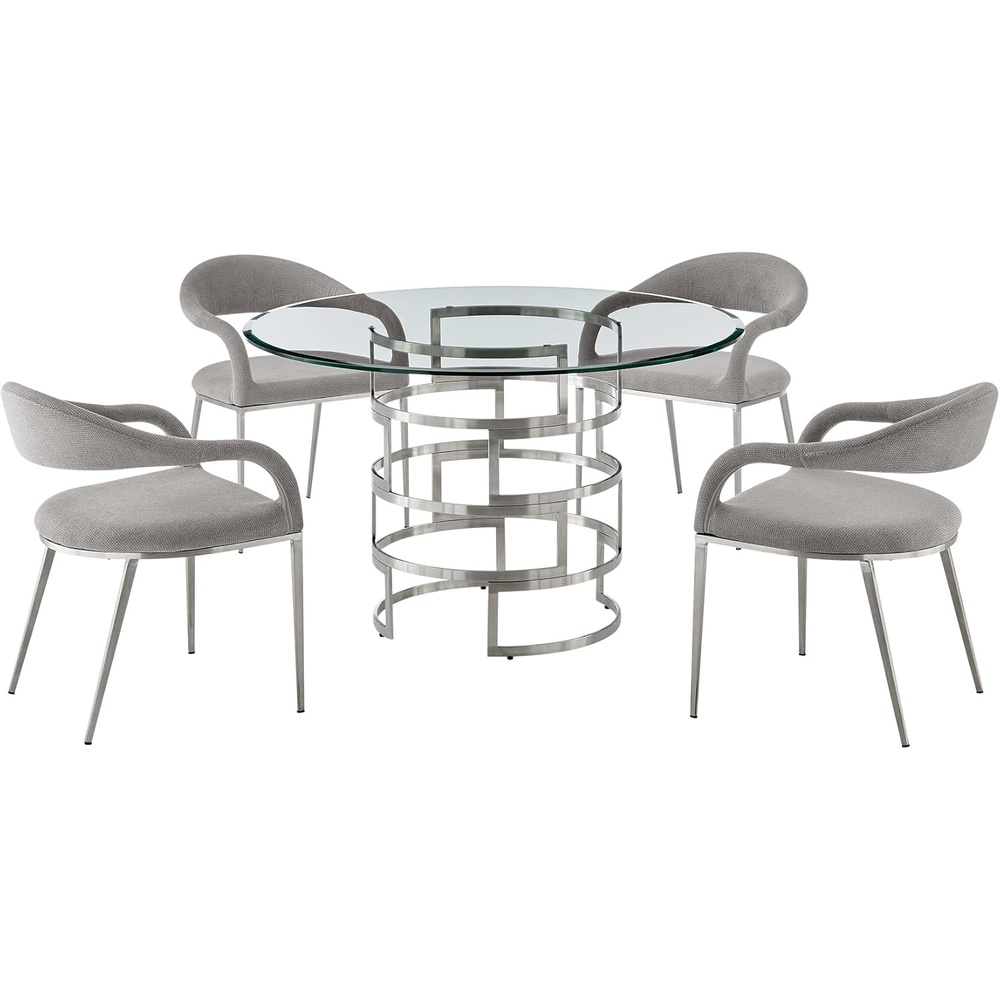 image:imageArmen Living Diaz Morgan 5 Piece Round Glass Dining Table Set with Brushed Stainless Steel and Light Gray Fabric