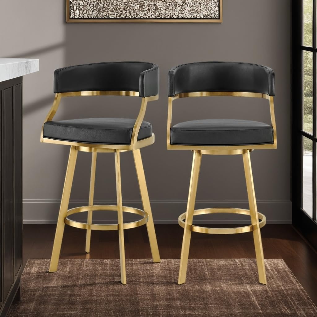 image:imageSaturn 26 Swivel Counter Stool with Gold Brushed Stainless Steel and White Faux Leather Set of 2BlackGold