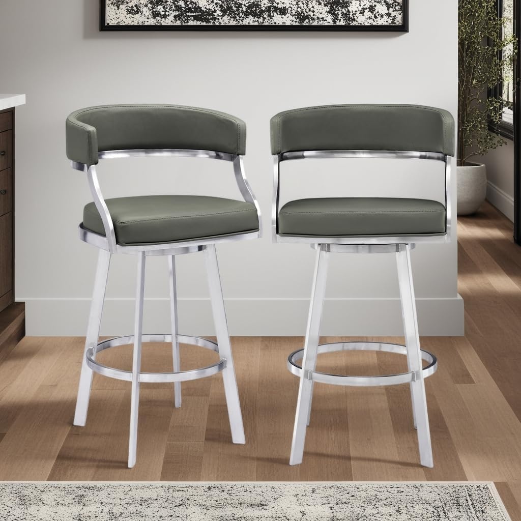 image:imageSaturn 26 Swivel Counter Stool with Gold Brushed Stainless Steel and White Faux Leather Set of 2Grey