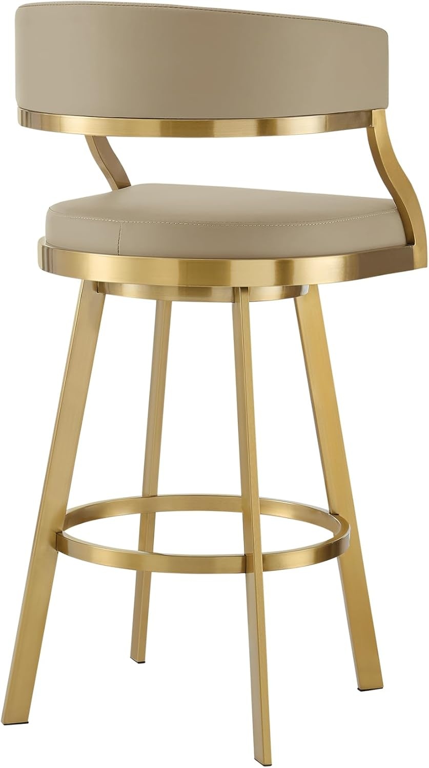 image:imageSaturn 26 Swivel Counter Stool with Gold Brushed Stainless Steel and White Faux Leather Set of 2Light Sand