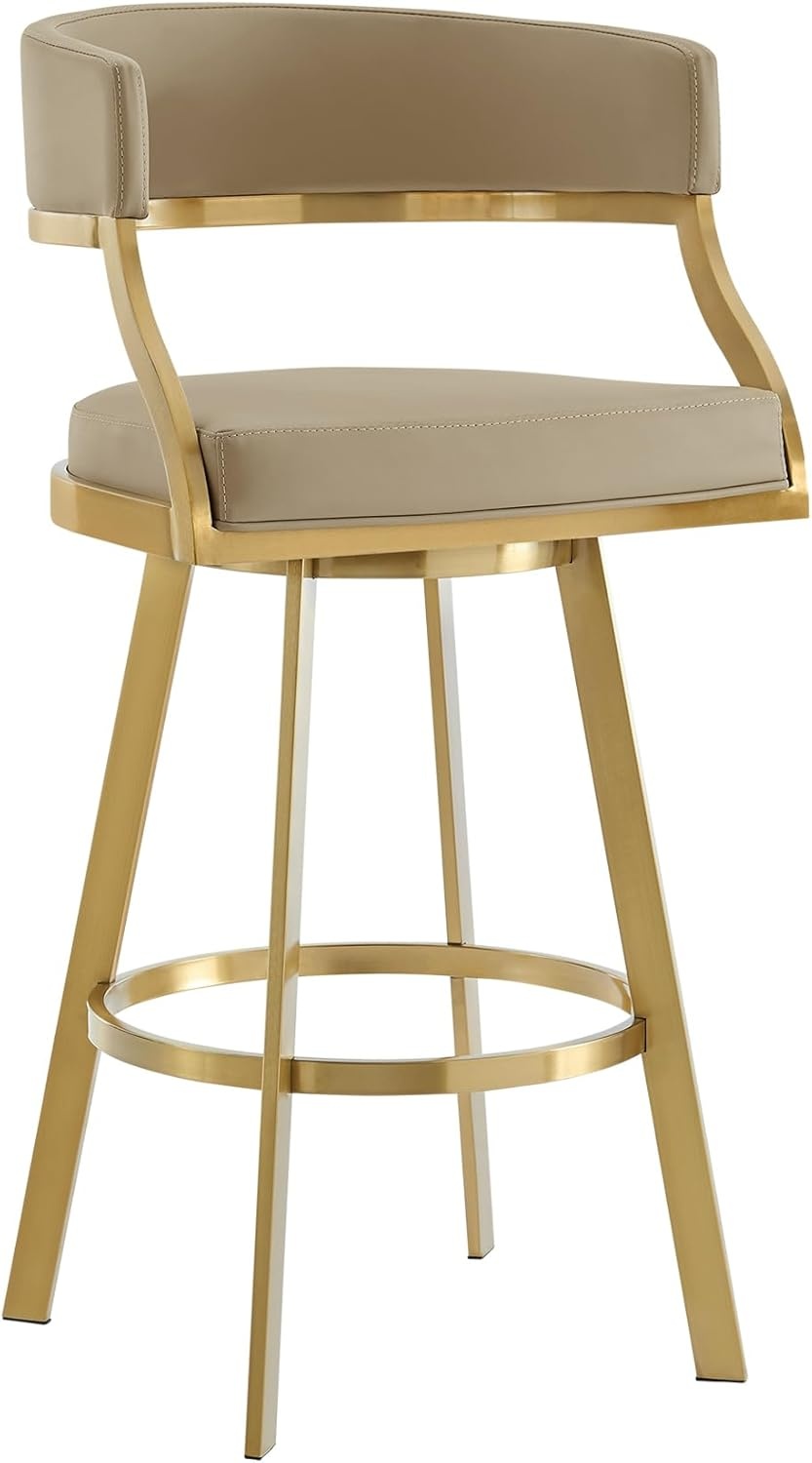 image:imageSaturn 26 Swivel Counter Stool with Gold Brushed Stainless Steel and White Faux Leather Set of 2Light Sand