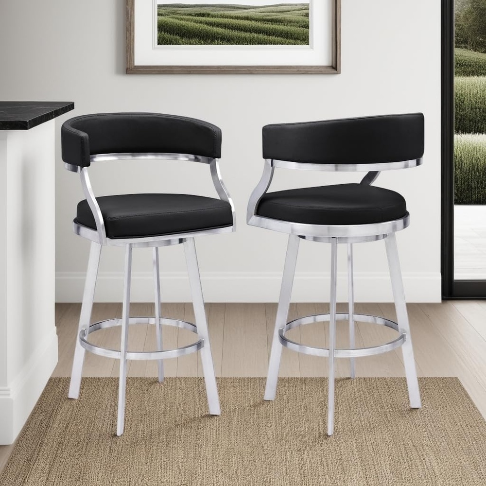 image:imageSaturn 26 Swivel Counter Stool with Gold Brushed Stainless Steel and White Faux Leather Set of 2BlackBrushed Stainless Steel
