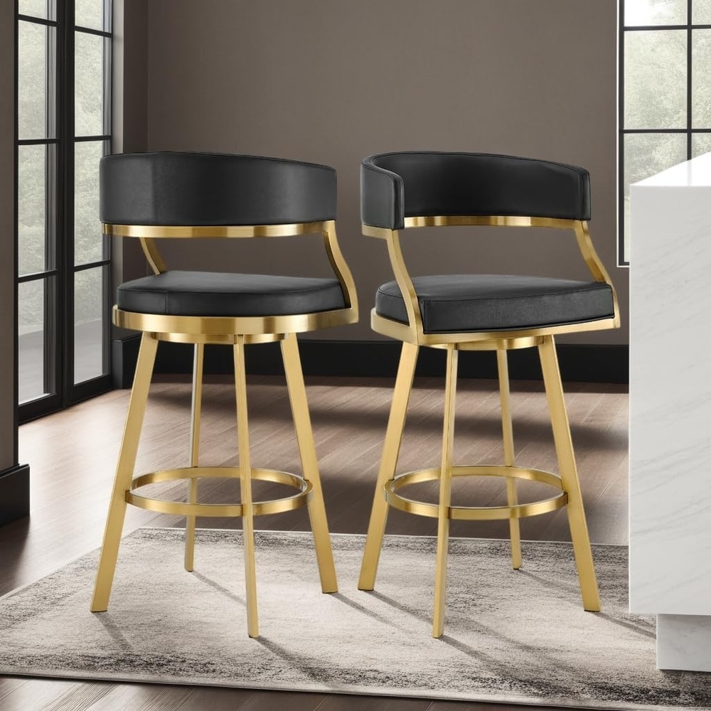 image:imageSaturn 26 Swivel Counter Stool with Gold Brushed Stainless Steel and White Faux Leather Set of 2BlackGold