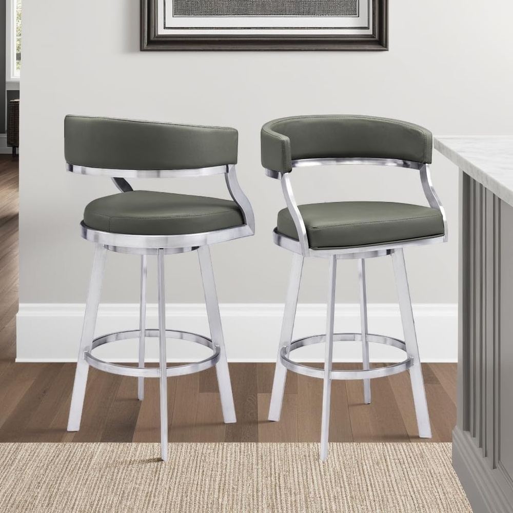 image:imageSaturn 26 Swivel Counter Stool with Gold Brushed Stainless Steel and White Faux Leather Set of 2Grey