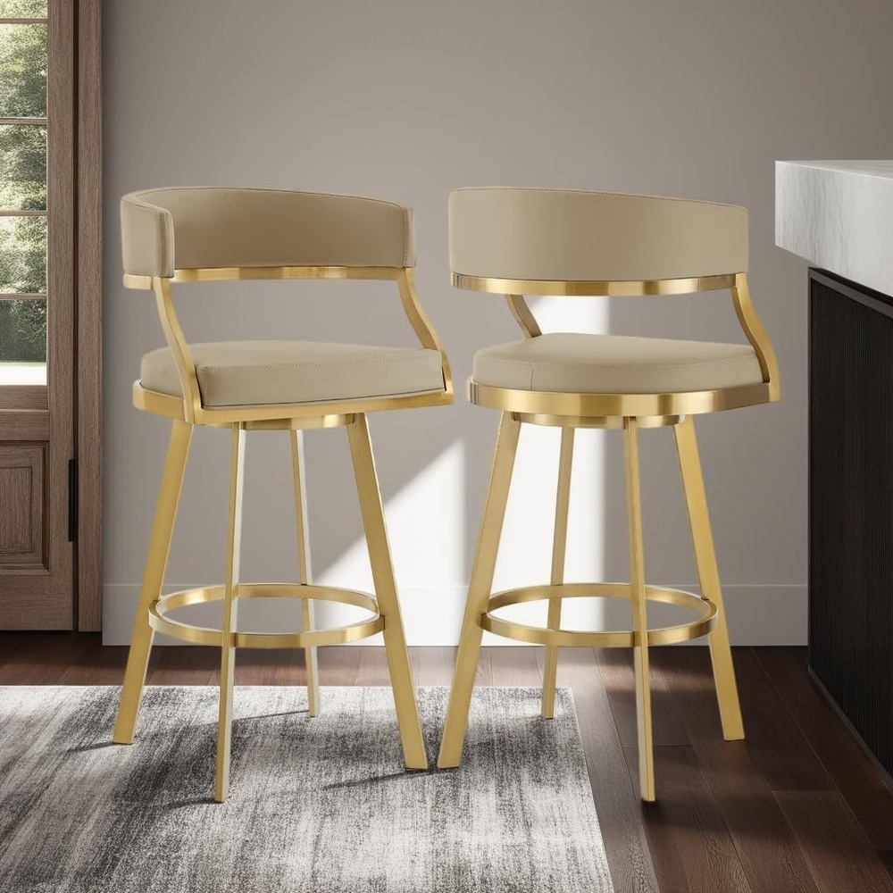 image:imageSaturn 26 Swivel Counter Stool with Gold Brushed Stainless Steel and White Faux Leather Set of 2Light Sand