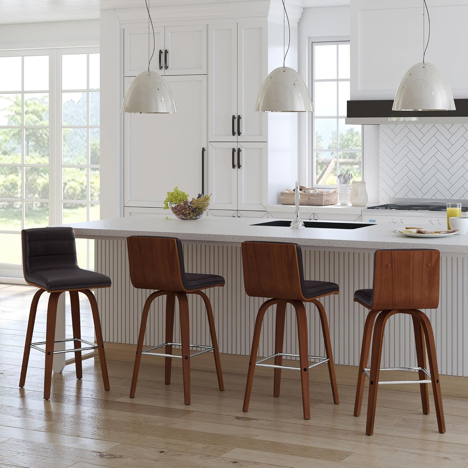 image:imageVienna Modern Counter Height Swivel Bar Stool with Snow White Faux Leather Seat and Walnut Finished Wood Frame Set of 4Brown Faux LeatherWalnut