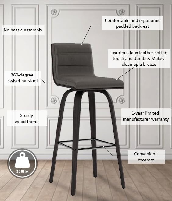 image:imageVienna Modern Counter Height Swivel Bar Stool with Snow White Faux Leather Seat and Walnut Finished Wood Frame Set of 4Gray Faux LeatherBlack