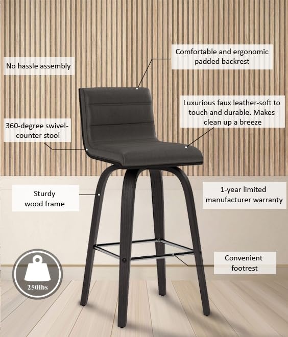 image:imageVienna Modern Counter Height Swivel Bar Stool with Snow White Faux Leather Seat and Walnut Finished Wood Frame Set of 4Gray Faux LeatherBlack