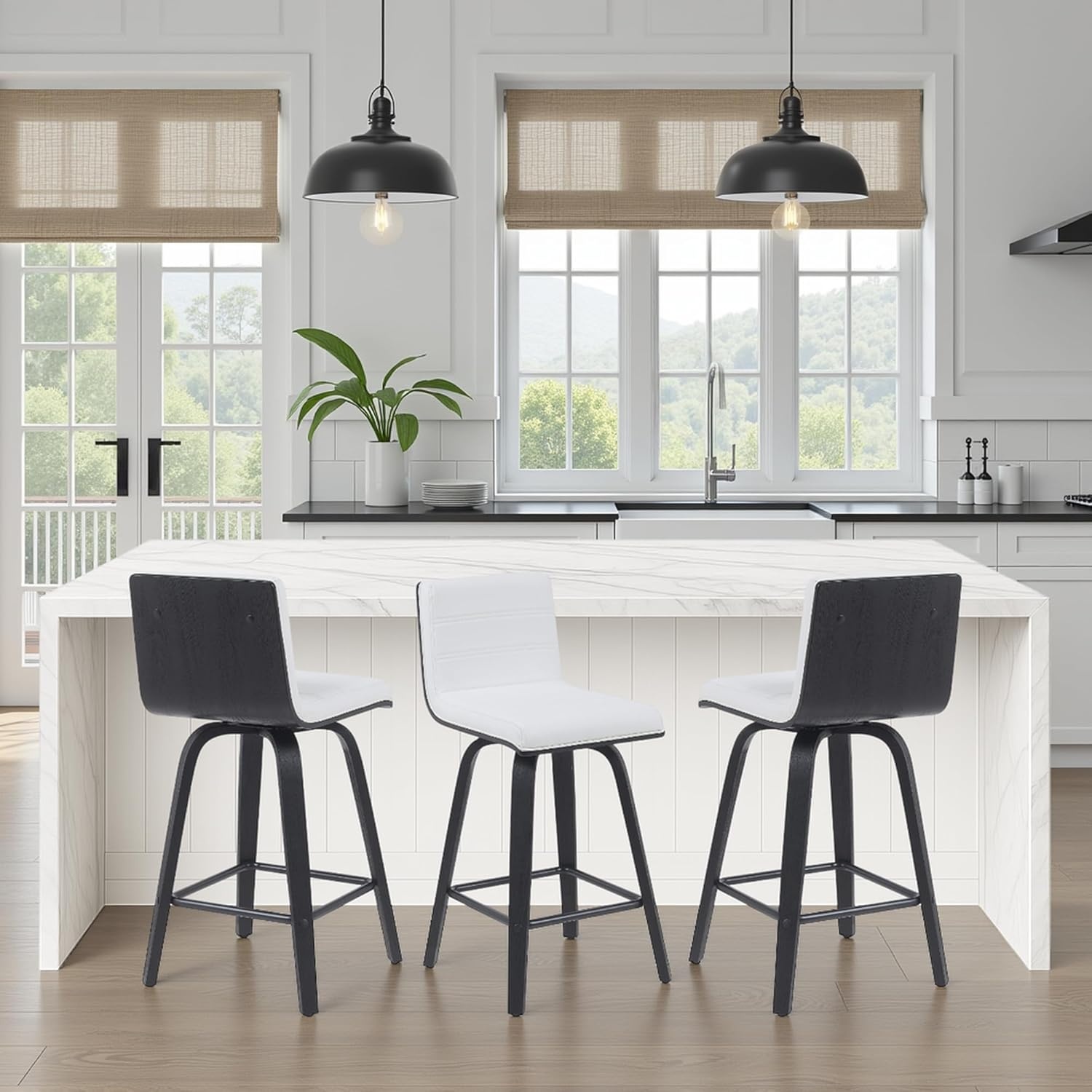 image:imageVienna Modern Counter Height Swivel Bar Stool with Snow White Faux Leather Seat and Walnut Finished Wood Frame Set of 4White Faux LeatherBlack