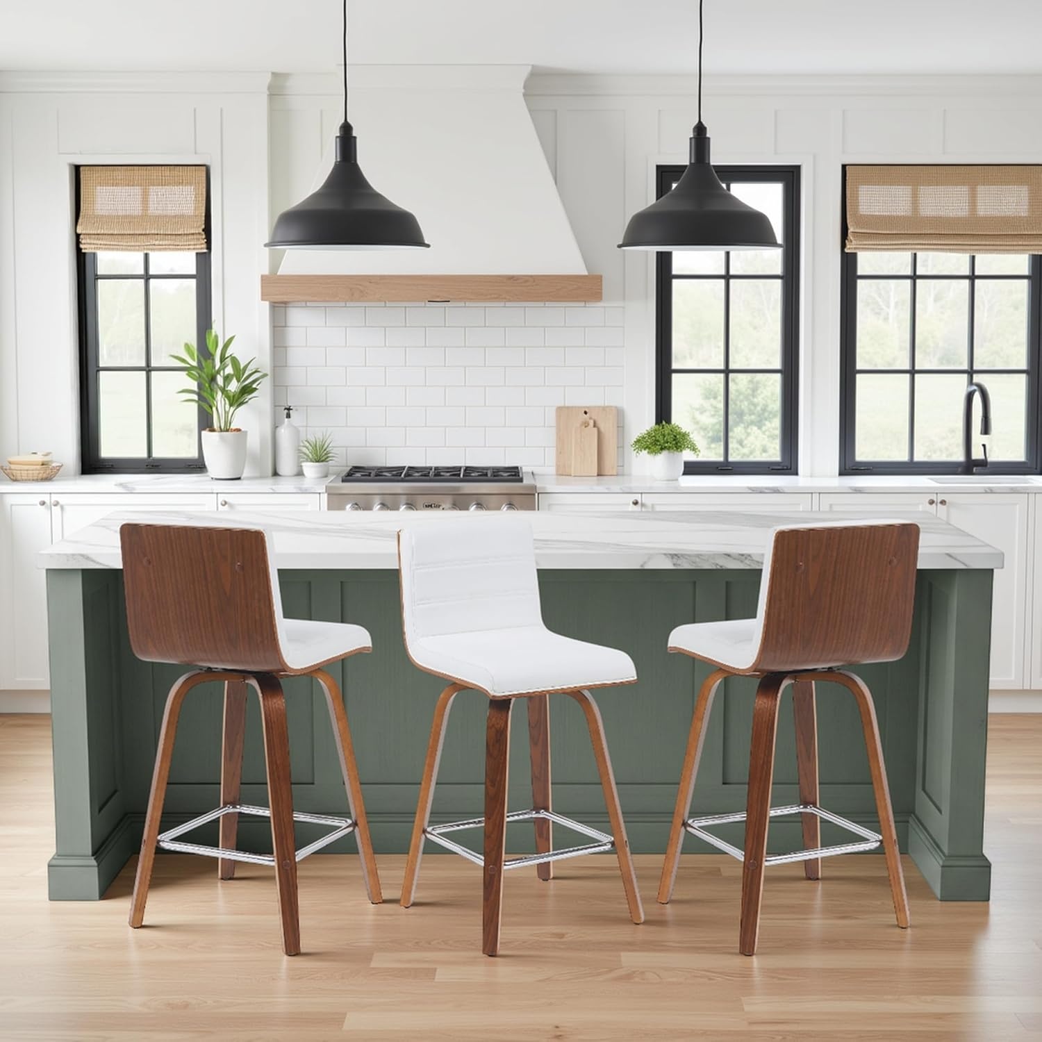 image:imageVienna Modern Counter Height Swivel Bar Stool with Snow White Faux Leather Seat and Walnut Finished Wood Frame Set of 4White Faux LeatherWalnut