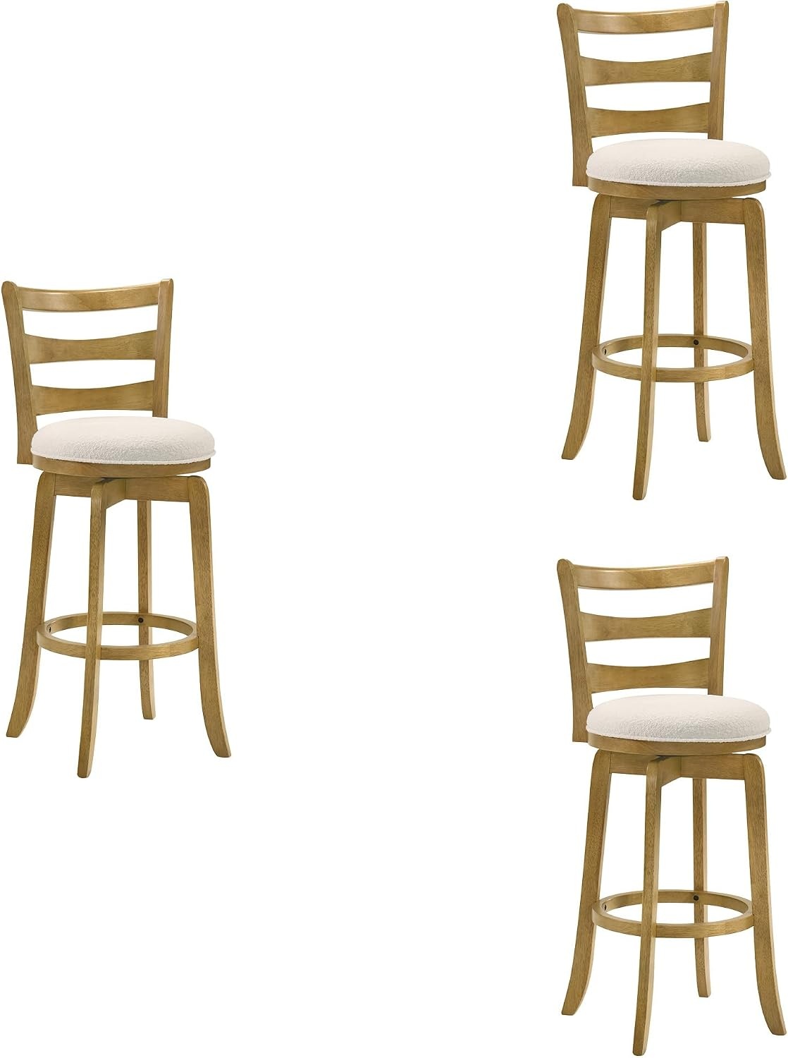 image:imageMelindra Modern Farmhouse Swivel Wood Counter Height Kitchen Bar Stool in Putty Brown Finish with White Boucle Fabric Upholstered Seat Set of 3WhiteAmber Glow