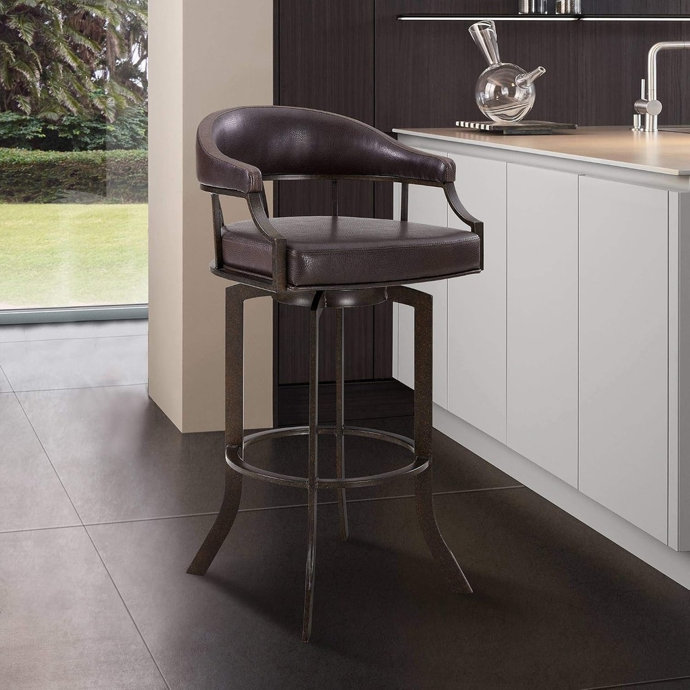 image:imageArmen Living Edy Auburn Bay Plywood Metal Swivel Bar Stool 30 High Mid Century Modern Brown Round Faux Leather Cushion with Arms Backrest Footrest for Kitchen Counter Height Island Home