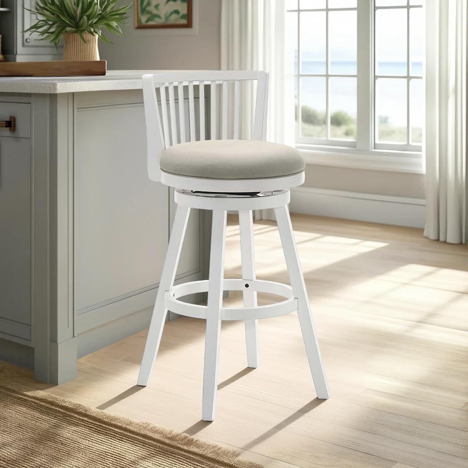image:imageArmen Living Harper 26 in Matte White Counter Height Rubberwood Swivel Barstool with Fog Fabric Seat Set of 4