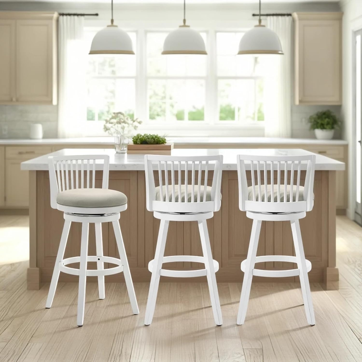image:imageArmen Living Harper 26 in Matte White Counter Height Rubberwood Swivel Barstool with Fog Fabric Seat Set of 4