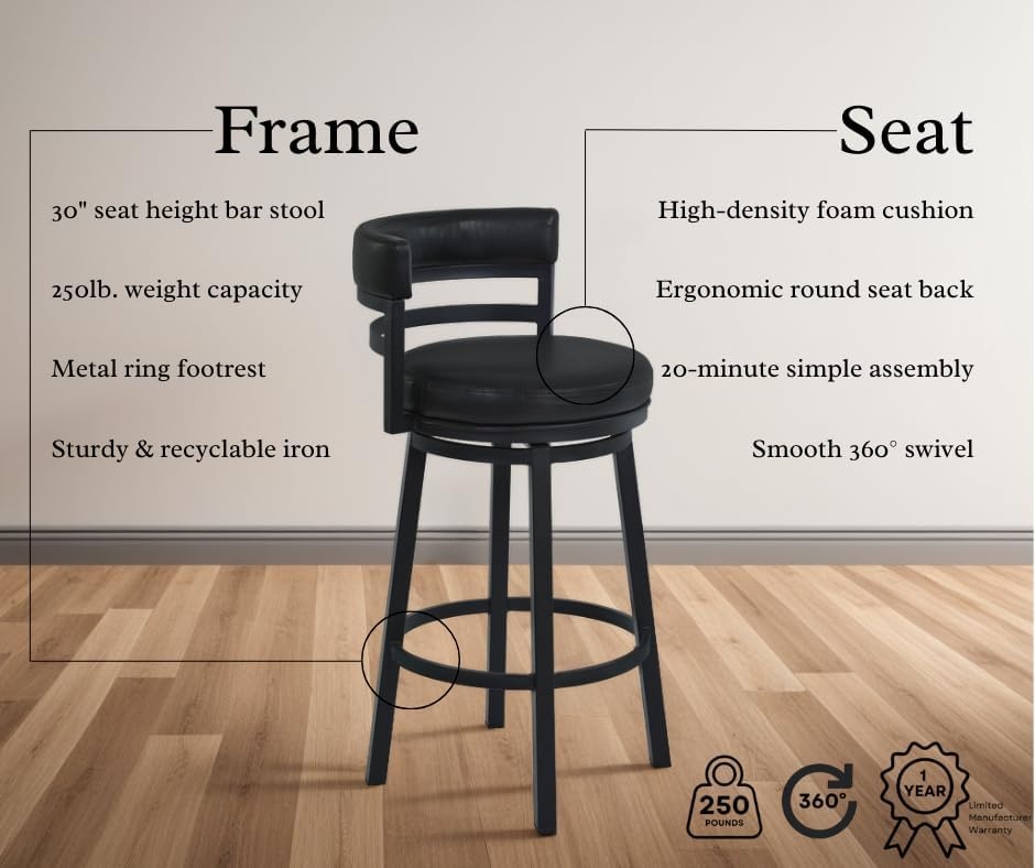 image:imageArmen Living Madrid 30 Bar Height Swivel Barstool in Ford Black Faux Leather and Black Metal Finish