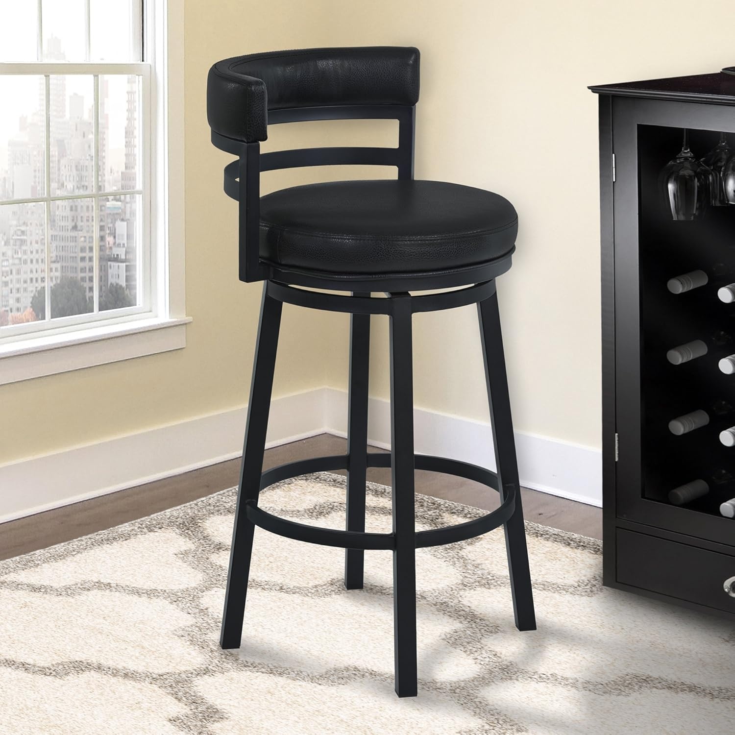 image:imageArmen Living Madrid 30 Bar Height Swivel Barstool in Ford Black Faux Leather and Black Metal Finish
