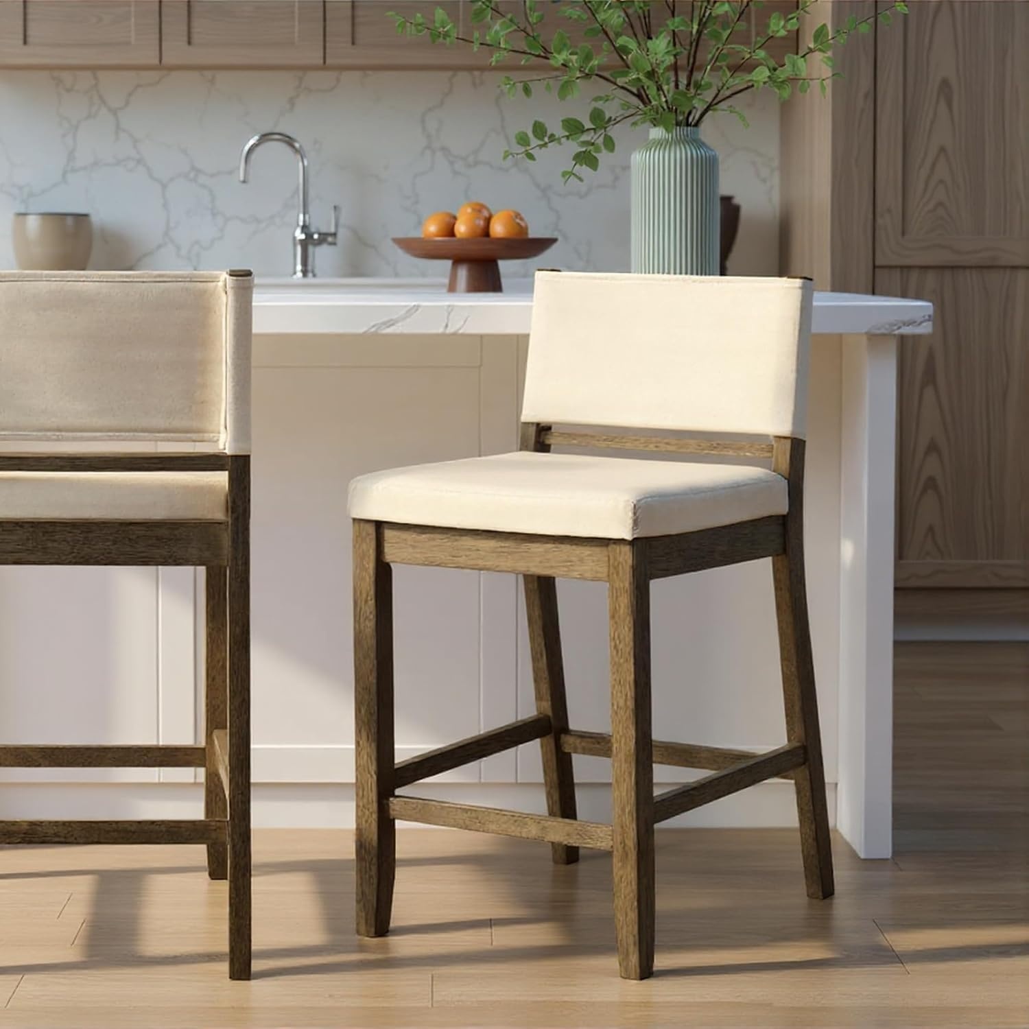 image:imageYaneli Contemporary Natural Wood Bar Height Kitchen Bar Stool in Amber Glow Finish with White Fabric Upholstered Seat Set of 4WhitePutty Brown
