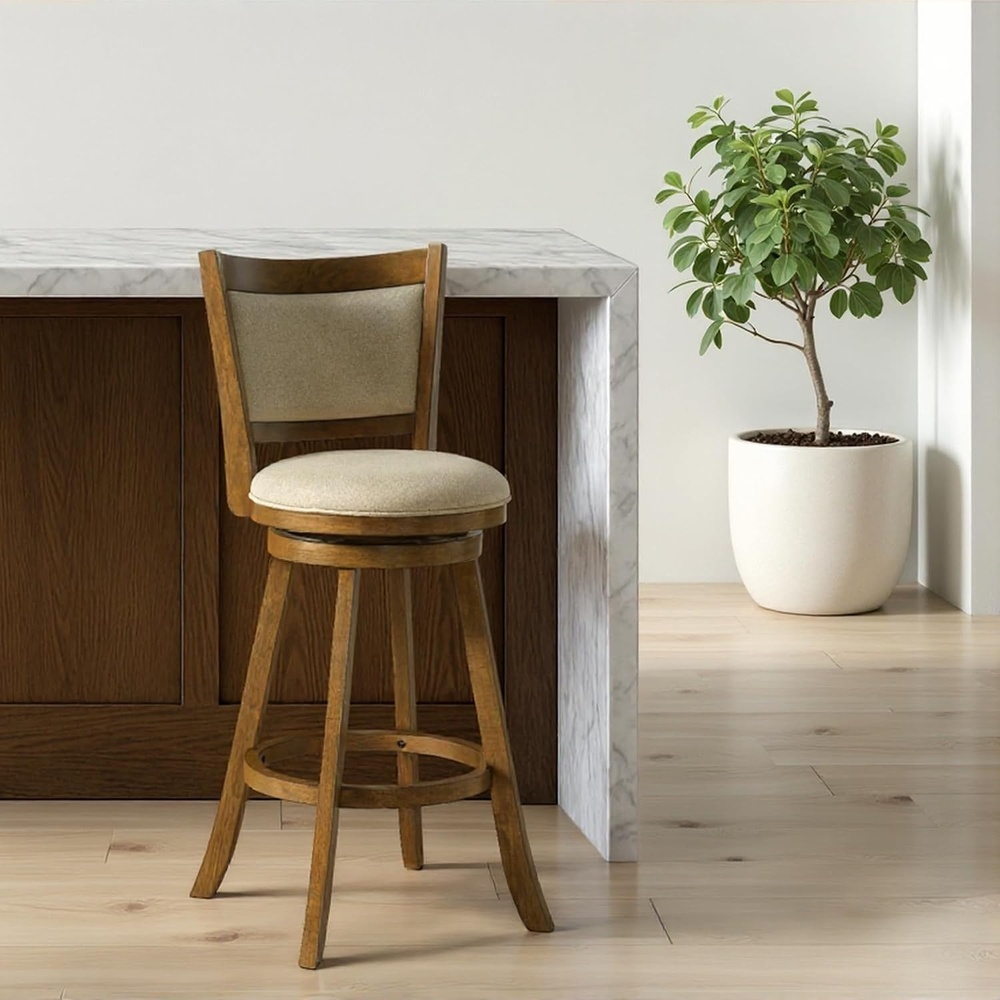 image:imageAiden Modern Farmhouse Swivel Wood Bar Height Kitchen Bar Stool in Sepia Brown Finish with Grey Fabric Upholstered Seat Set of 3