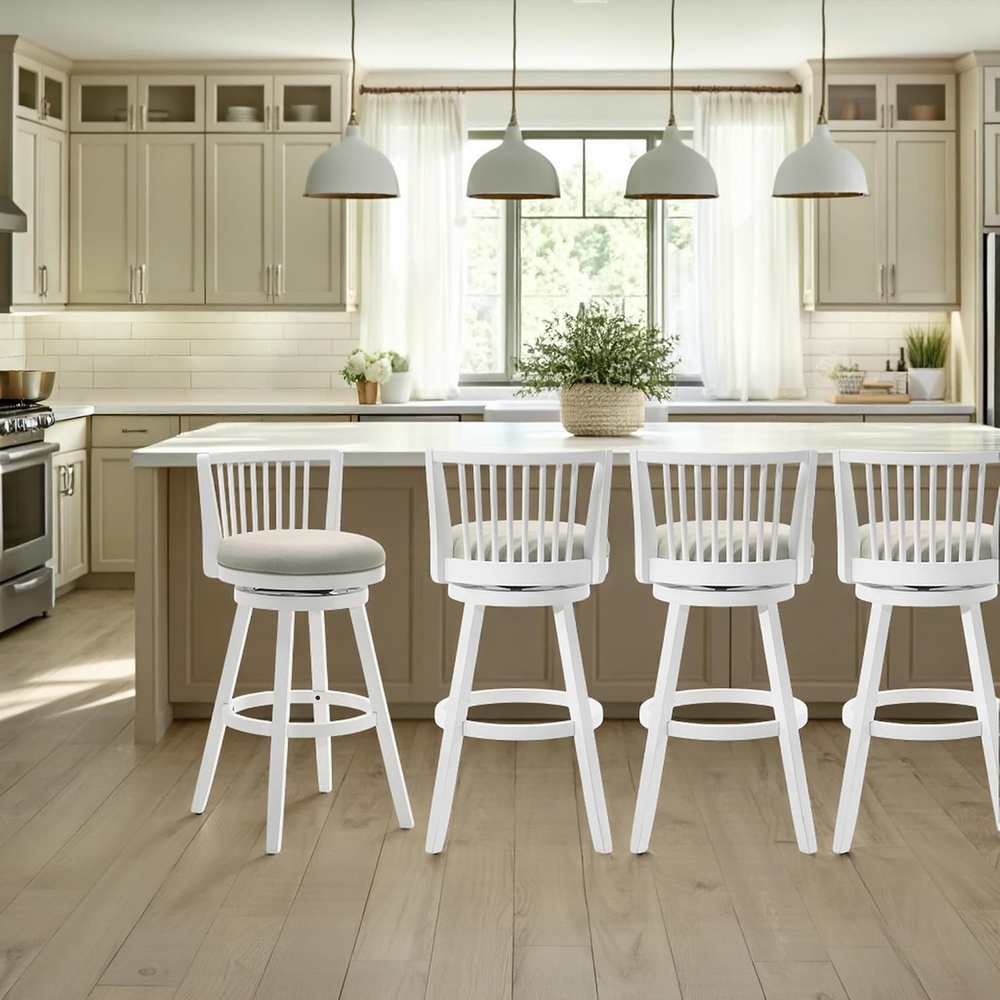 image:imageArmen Living Harper 26 in Matte White Counter Height Rubberwood Swivel Barstool with Fog Fabric Seat Set of 4
